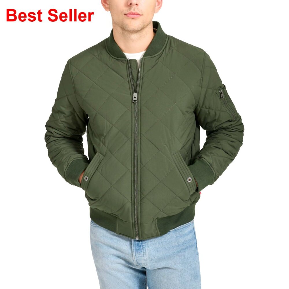 Diamond Quilted Bomber Jacket With Rib Knit Cuffs And Collar